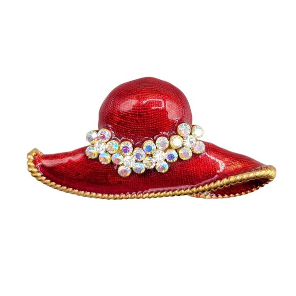 Red Floppy Hat Brooch Pendant Combo Enamel Rhinestones Gold Braid Trim - Picture 3 of 6